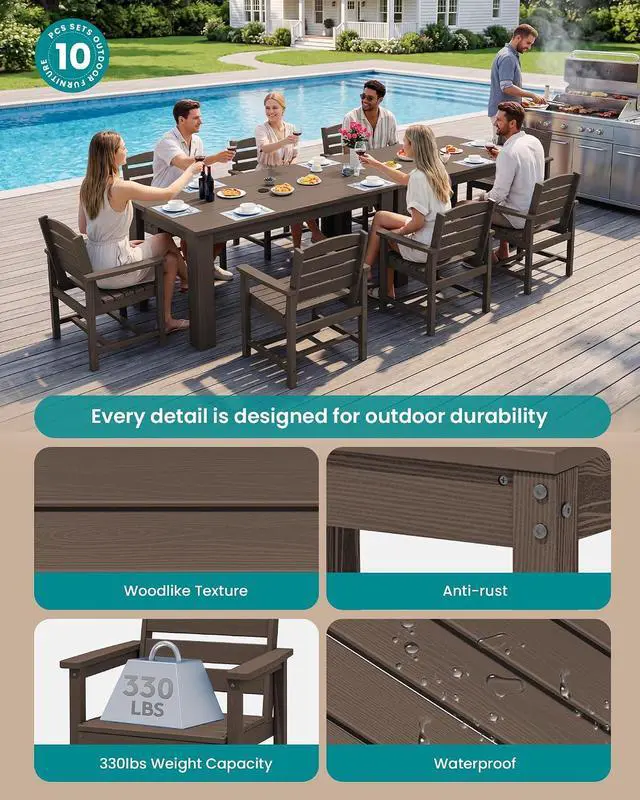 Alt view image 2 of 7 - HDPE Dining Set for 8: 2 Umbrella Hole Tables + 8 Chairs. for Garden, Backyard, Poolside. Coffee