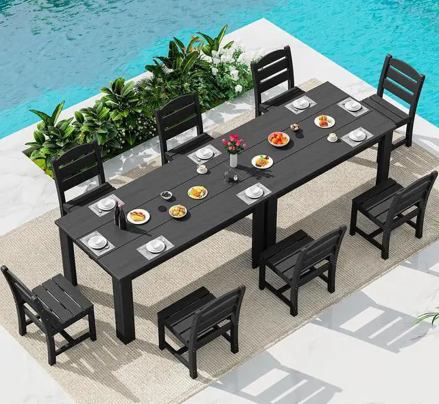 Main image of Outdoor Dining Set for 8 HDPE Patio Set with 2 Rectangular Tables, 8 Armless Chairs. Perfect for Garden, Backyard, Poolside, Black