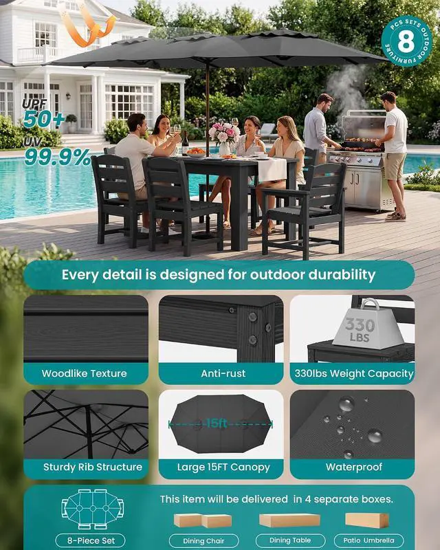 Alt view image 4 of 5 - Outdoor Dining Set for 8 HDPE Patio Set with 2 Rectangular Tables, 8 Armless Chairs. Perfect for Garden, Backyard, Poolside, Black