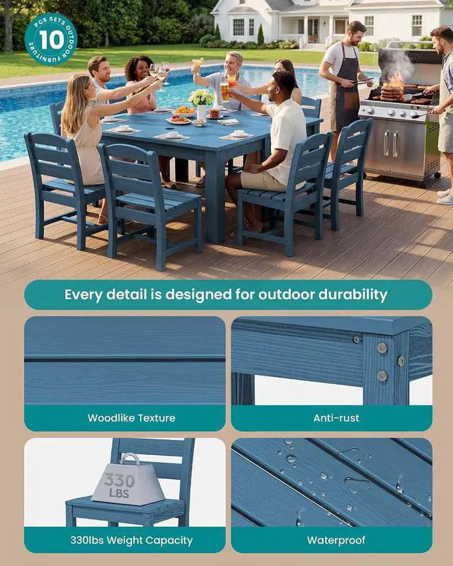 Alt view image 2 of 7 - Outdoor Dining Set for 8 HDPE Patio Set with 2 Rectangular Tables, 8 Armless Chairs. Perfect for Garden, Backyard, Poolside, Blue