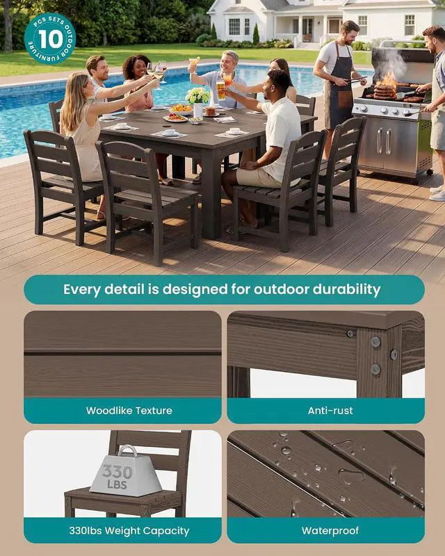 Alt view image 2 of 7 - Outdoor Dining Set for 8 HDPE Patio Set with 2 Rectangular Tables, 8 Armless Chairs. Perfect for Garden, Backyard, Poolside, Coffee