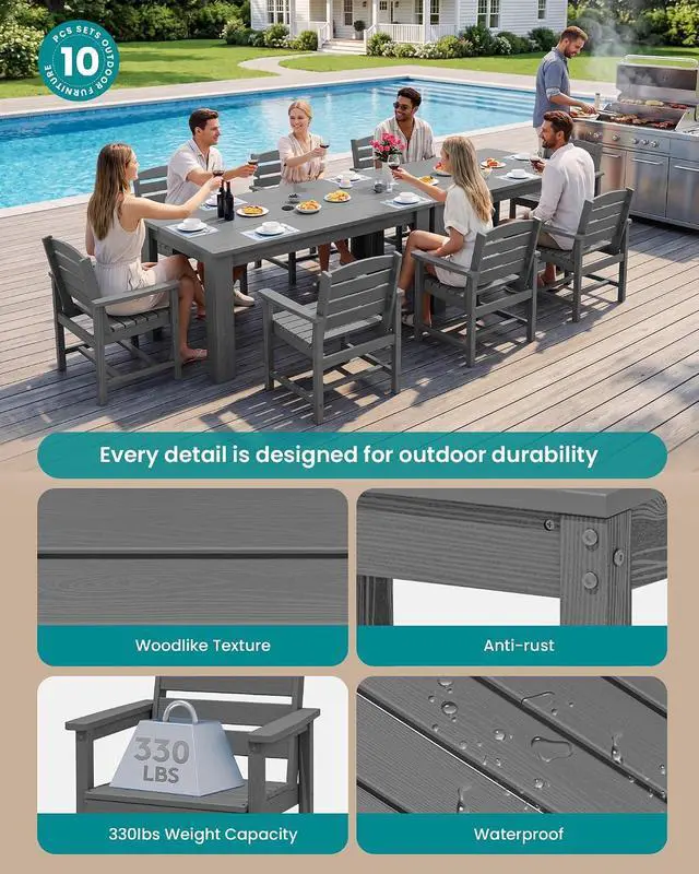 Alt view image 2 of 7 - HDPE Dining Set for 8: 2 Umbrella Hole Tables + 8 Chairs. for Garden, Backyard, Poolside. Gray