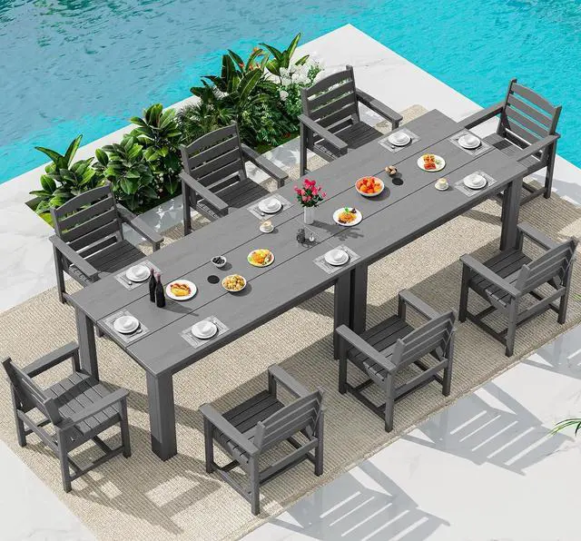 Main image of HDPE Dining Set for 8: 2 Umbrella Hole Tables + 8 Chairs. for Garden, Backyard, Poolside. Gray