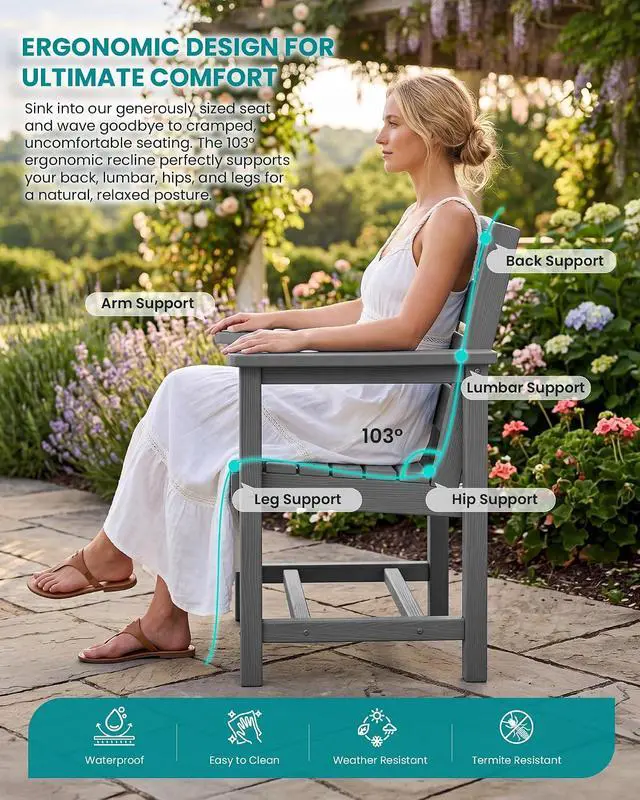 Alt view image 6 of 7 - HDPE Dining Set for 8: 2 Umbrella Hole Tables + 8 Chairs. for Garden, Backyard, Poolside. Gray