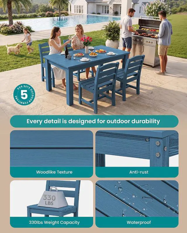 Alt view image 2 of 7 - Outdoor Dining Sets for 4, HDPE Dining Sets for 4 Person with 1 Umbrella Hole Cut-Out Rectangular Table and 4 Armless Chairs, Patio Dining Sets for Garden, Backyard, Poolside, Blue