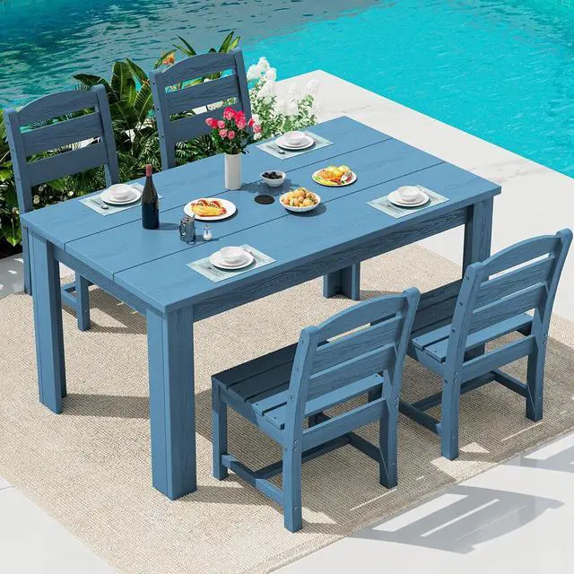 Main image of Outdoor Dining Sets for 4, HDPE Dining Sets for 4 Person with 1 Umbrella Hole Cut-Out Rectangular Table and 4 Armless Chairs, Patio Dining Sets for Garden, Backyard, Poolside, Blue