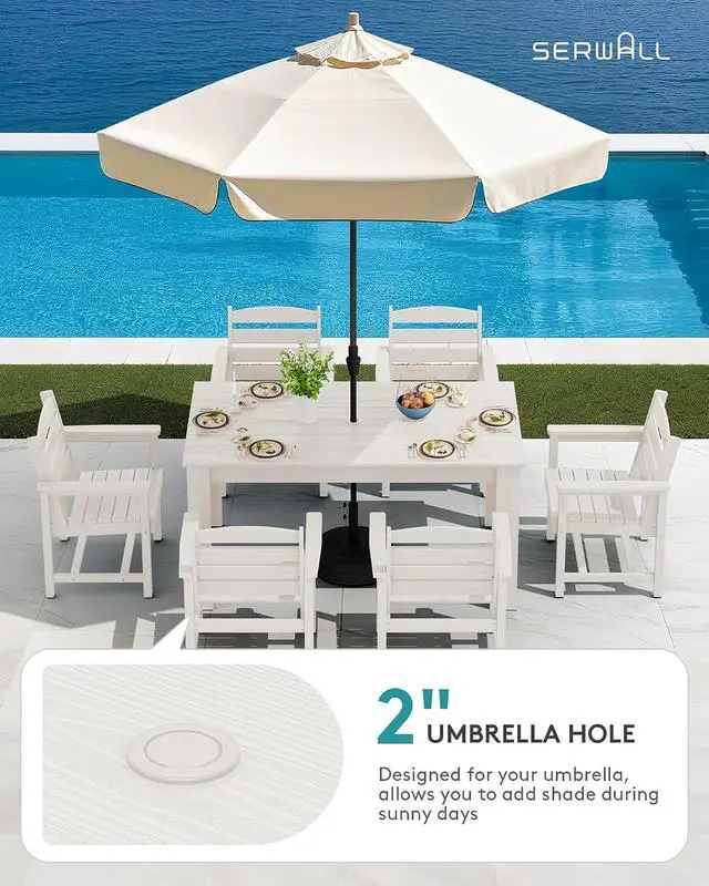 Alt view image 2 of 7 - Outdoor Dining Sets for 4, HDPE Dining Sets for 4 Person with 1 Umbrella Hole Cut-Out Rectangular Table and 4 Armless Chairs, Patio Dining Sets for Garden, Backyard, Poolside, White