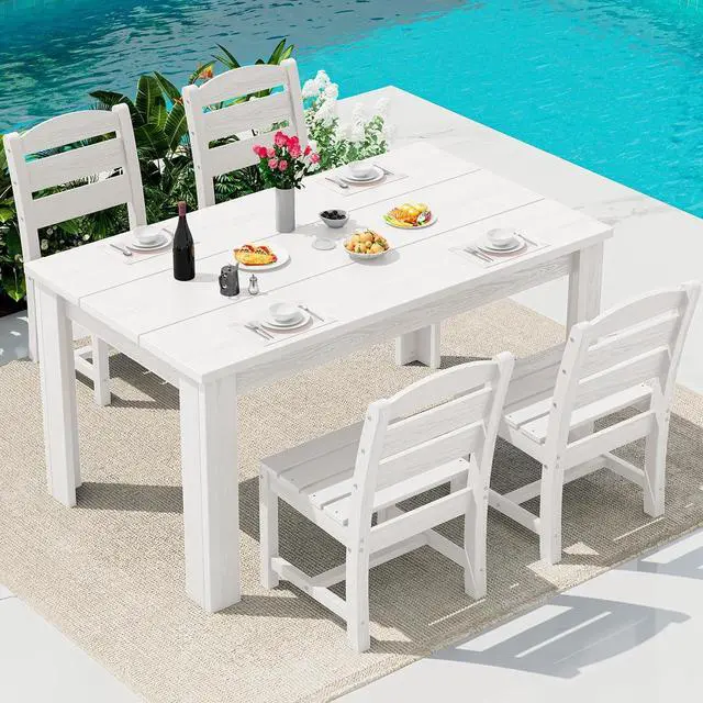 Main image of Outdoor Dining Sets for 4, HDPE Dining Sets for 4 Person with 1 Umbrella Hole Cut-Out Rectangular Table and 4 Armless Chairs, Patio Dining Sets for Garden, Backyard, Poolside, White