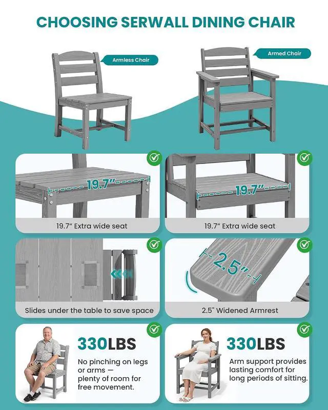 Alt view image 7 of 7 - Outdoor Dining Chair Set of 2, All Weather Dining Chair Set of 2, Outdoor Dining Chair with Widened Seat, Sliver Gray