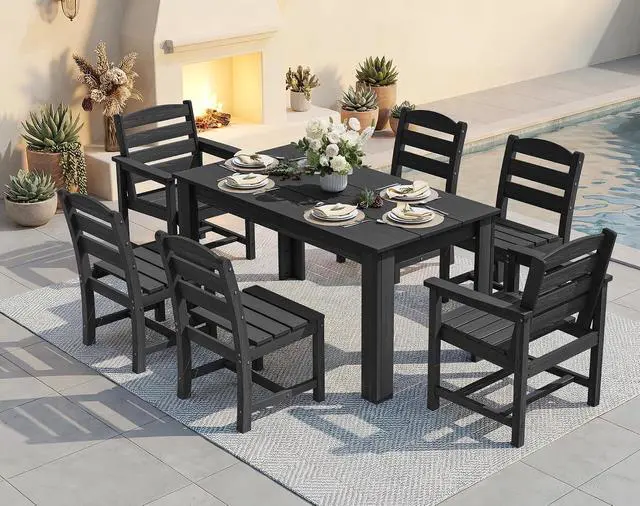 Alt view image 4 of 7 - HDPE Dining Set for 6: 1 Umbrella Hole Table, 4 Armless + 2 Armchairs. for Patio, Garden, Backyard. Black