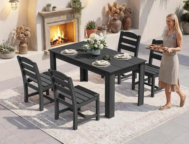 Alt view image 6 of 7 - HDPE Dining Set for 6: 1 Umbrella Hole Table, 4 Armless + 2 Armchairs. for Patio, Garden, Backyard. Black