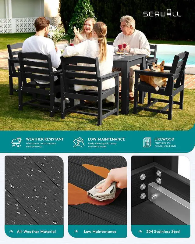 Alt view image 7 of 7 - HDPE Dining Set for 6: 1 Umbrella Hole Table, 4 Armless + 2 Armchairs. for Patio, Garden, Backyard. Black