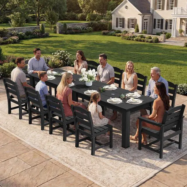 Alt view image 4 of 7 - HDPE Dining Set for 10 2 Tables, 8 Armless + 2 Armchairs. Perfect for Garden, Backyard, Poolside. Black