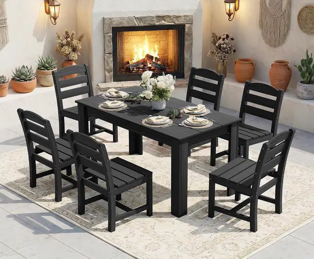 Alt view image 7 of 7 - HDPE Dining Set for 10 2 Tables, 8 Armless + 2 Armchairs. Perfect for Garden, Backyard, Poolside. Black