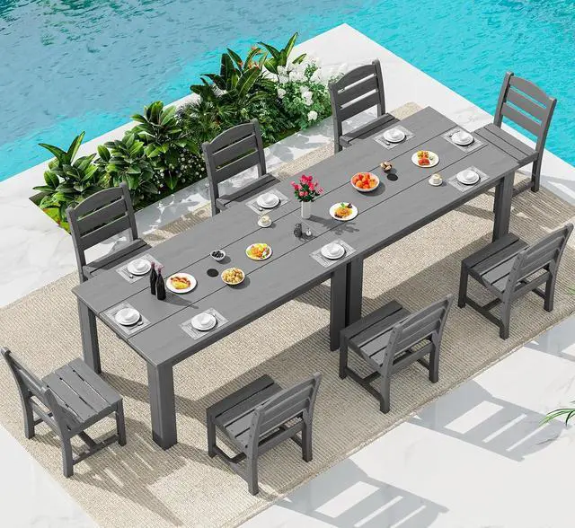 Main image of Outdoor Dining Set for 8 HDPE Patio Set with 2 Rectangular Tables, 8 Armless Chairs. Perfect for Garden, Backyard, Poolside, Gray