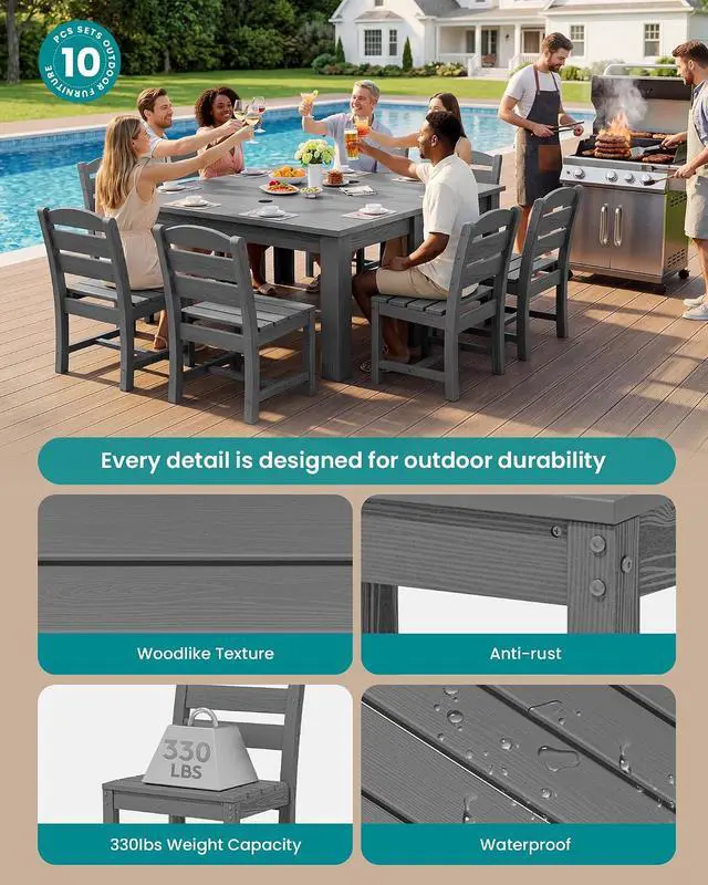 Alt view image 2 of 7 - Outdoor Dining Set for 8 HDPE Patio Set with 2 Rectangular Tables, 8 Armless Chairs. Perfect for Garden, Backyard, Poolside, Gray