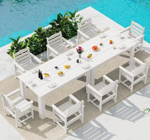 Main image of HDPE Dining Set for 8: 2 Umbrella Hole Tables + 8 Chairs. for Garden, Backyard, Poolside. White