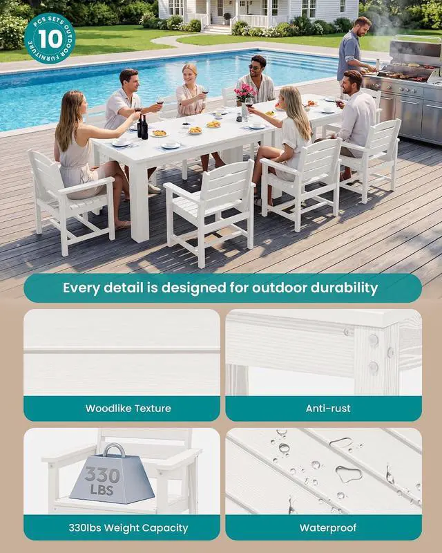 Alt view image 2 of 7 - HDPE Dining Set for 8: 2 Umbrella Hole Tables + 8 Chairs. for Garden, Backyard, Poolside. White
