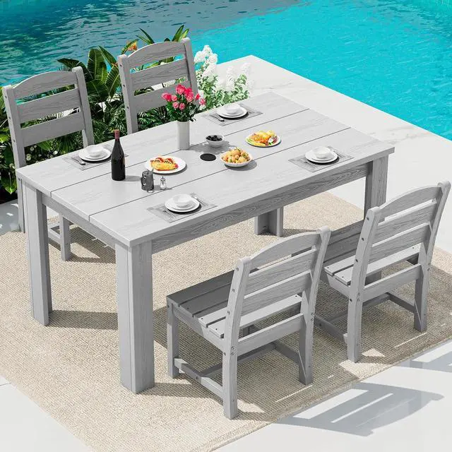 Main image of Outdoor Dining Sets for 4, Patio Dining Sets for 4 Person with 1 Umbrella Hole Cut-Out Rectangular Table and 4 Armless Chairs, Hdpe Dining Sets for Garden, Backyard, Poolside, Sliver Gray