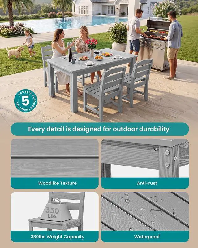 Alt view image 2 of 7 - Outdoor Dining Sets for 4, Patio Dining Sets for 4 Person with 1 Umbrella Hole Cut-Out Rectangular Table and 4 Armless Chairs, Hdpe Dining Sets for Garden, Backyard, Poolside, Sliver Gray