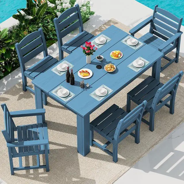 Main image of HDPE Dining Set for 6: 1 Umbrella Hole Table, 4 Armless + 2 Armchairs. for Patio, Garden, Backyard. Blue