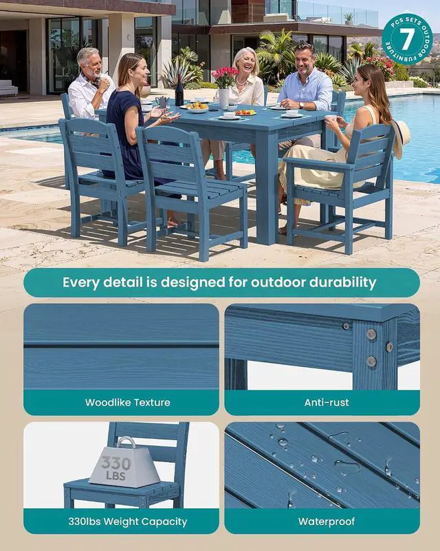 Alt view image 2 of 7 - HDPE Dining Set for 6: 1 Umbrella Hole Table, 4 Armless + 2 Armchairs. for Patio, Garden, Backyard. Blue