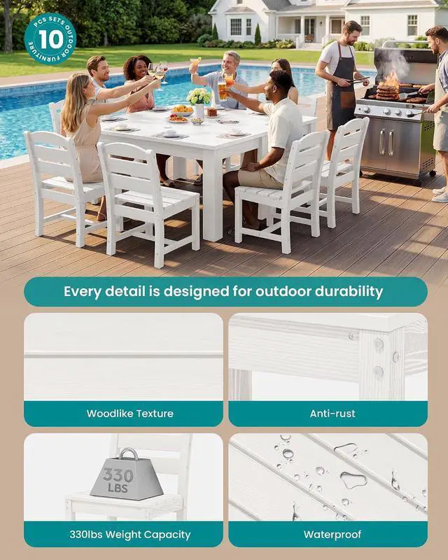 Alt view image 2 of 7 - Outdoor Dining Set for 8 HDPE Patio Set with 2 Rectangular Tables, 8 Armless Chairs. Perfect for Garden, Backyard, Poolside, White