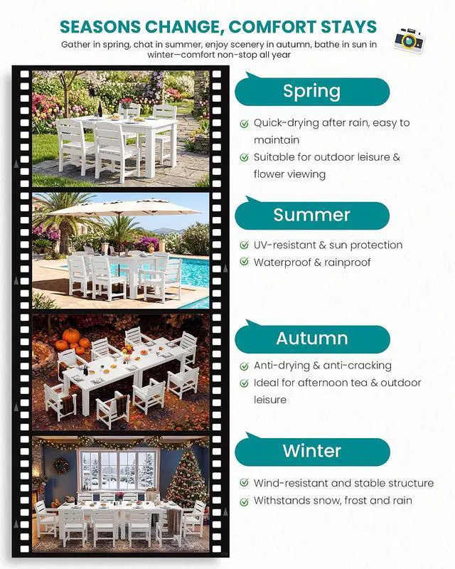 Alt view image 7 of 7 - Outdoor Dining Set for 8 HDPE Patio Set with 2 Rectangular Tables, 8 Armless Chairs. Perfect for Garden, Backyard, Poolside, White
