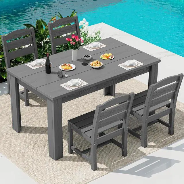 Main image of Outdoor Dining Sets for 4, HDPE Dining Sets for 4 Person with 1 Umbrella Hole Cut-Out Rectangular Table and 4 Armless Chairs, Patio Dining Sets for Garden, Backyard, Poolside, Gray