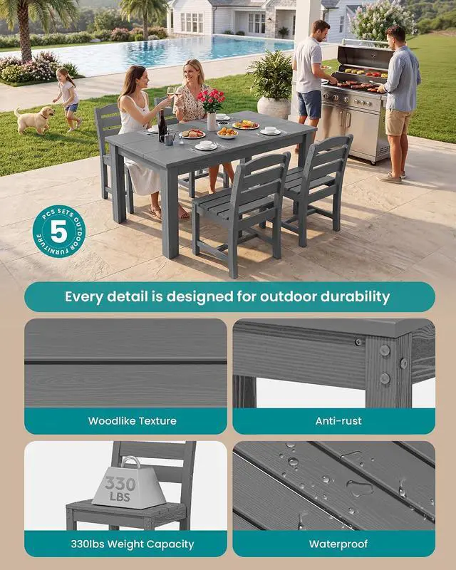 Alt view image 2 of 7 - Outdoor Dining Sets for 4, HDPE Dining Sets for 4 Person with 1 Umbrella Hole Cut-Out Rectangular Table and 4 Armless Chairs, Patio Dining Sets for Garden, Backyard, Poolside, Gray