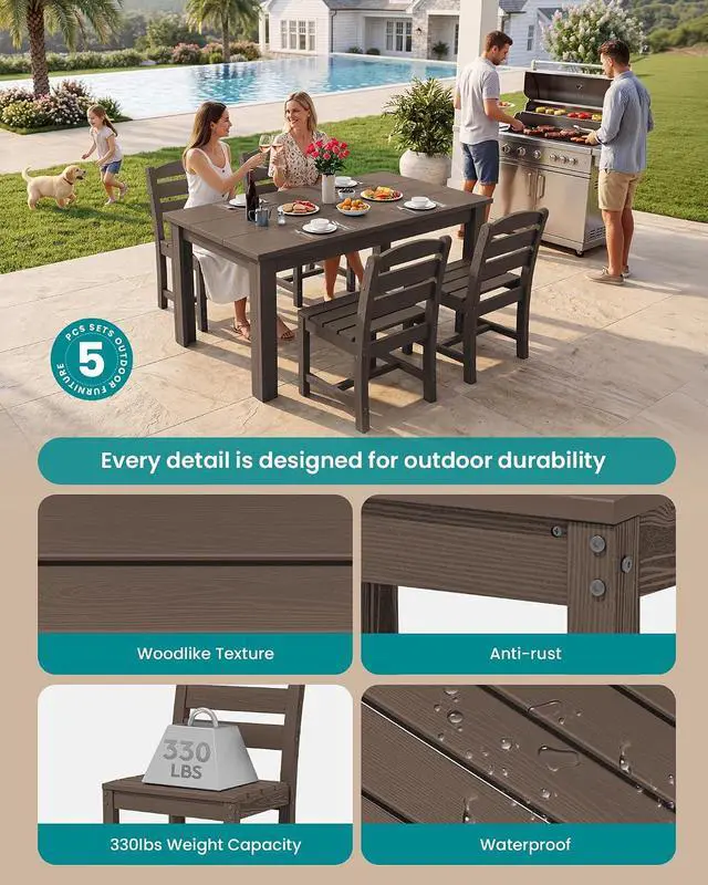 Alt view image 2 of 7 - Outdoor Dining Sets for 4, HDPE Dining Sets for 4 Person with 1 Umbrella Hole Cut-Out Rectangular Table and 4 Armless Chairs, Patio Dining Sets for Garden, Backyard, Poolside, Coffee