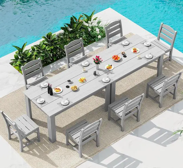 Main image of Outdoor Dining Set for 8 HDPE Patio Set with 2 Rectangular Tables, 8 Armless Chairs. Perfect for Garden, Backyard, Poolside, Sliver Gray