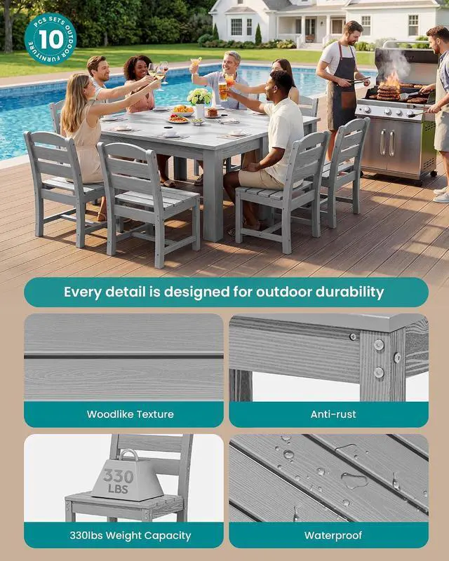 Alt view image 2 of 7 - Outdoor Dining Set for 8 HDPE Patio Set with 2 Rectangular Tables, 8 Armless Chairs. Perfect for Garden, Backyard, Poolside, Sliver Gray