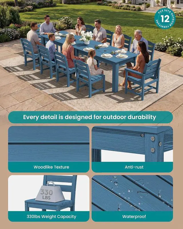 Alt view image 2 of 7 - HDPE Dining Set for 10 2 Tables, 8 Armless + 2 Armchairs. Perfect for Garden, Backyard, Poolside. Blue