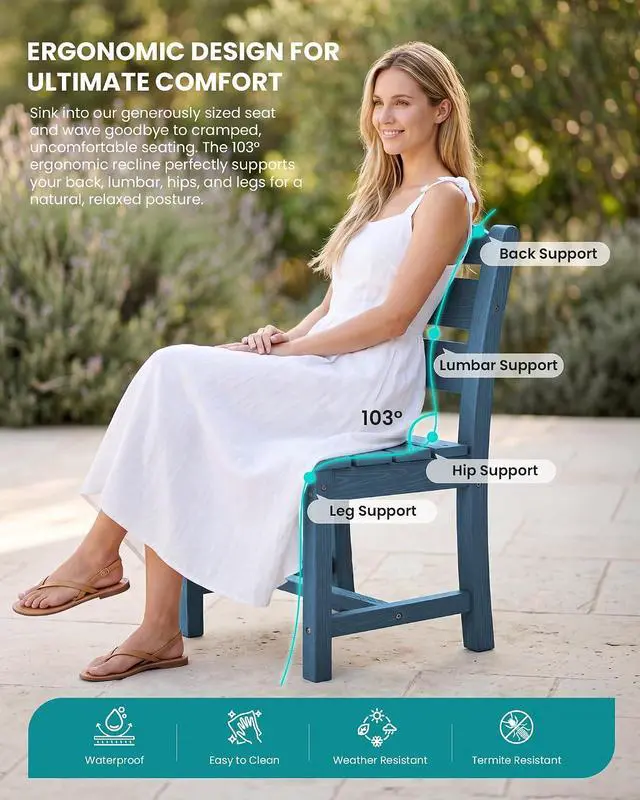 Alt view image 5 of 7 - HDPE Dining Set for 6: 1 Umbrella Hole Table, 4 Armless + 2 Armchairs. for Patio, Garden, Backyard. Blue