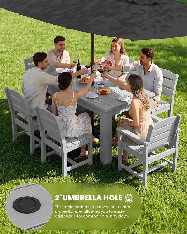 Alt view image 3 of 7 - Outdoor Dining Sets for 4, Patio Dining Sets for 4 Person with 1 Umbrella Hole Cut-Out Rectangular Table and 4 Armless Chairs, Hdpe Dining Sets for Garden, Backyard, Poolside, Sliver Gray