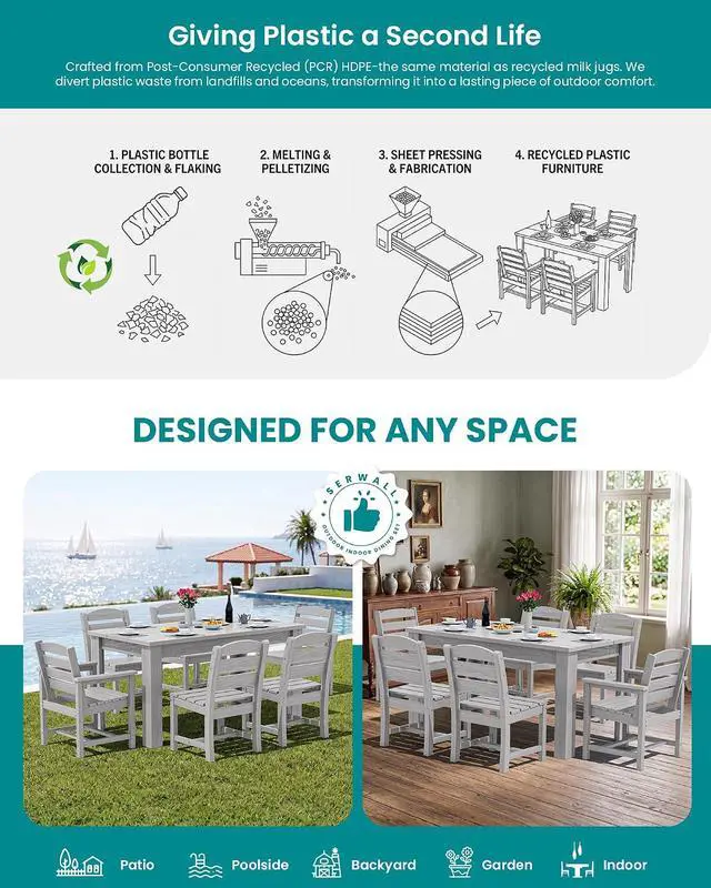 Alt view image 6 of 7 - Outdoor Dining Sets for 4, Patio Dining Sets for 4 Person with 1 Umbrella Hole Cut-Out Rectangular Table and 4 Armless Chairs, Hdpe Dining Sets for Garden, Backyard, Poolside, Sliver Gray