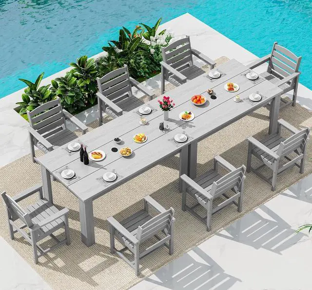 Main image of HDPE Dining Set for 8: 2 Umbrella Hole Tables + 8 Chairs. for Garden, Backyard, Poolside, Sliver Gray