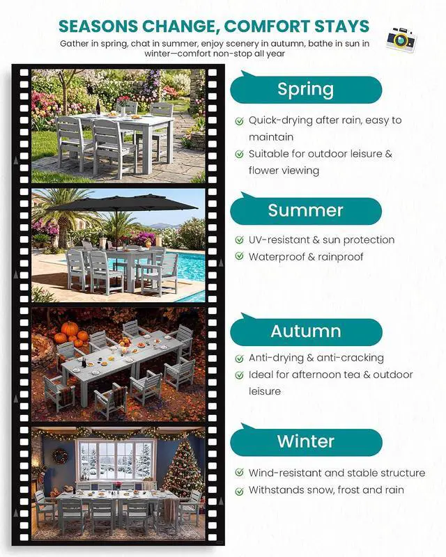 Alt view image 7 of 7 - Outdoor Dining Sets for 4, Patio Dining Sets for 4 Person with 1 Umbrella Hole Cut-Out Rectangular Table and 4 Armless Chairs, Hdpe Dining Sets for Garden, Backyard, Poolside, Sliver Gray