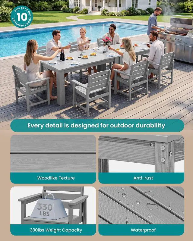 Alt view image 2 of 7 - HDPE Dining Set for 8: 2 Umbrella Hole Tables + 8 Chairs. for Garden, Backyard, Poolside, Sliver Gray