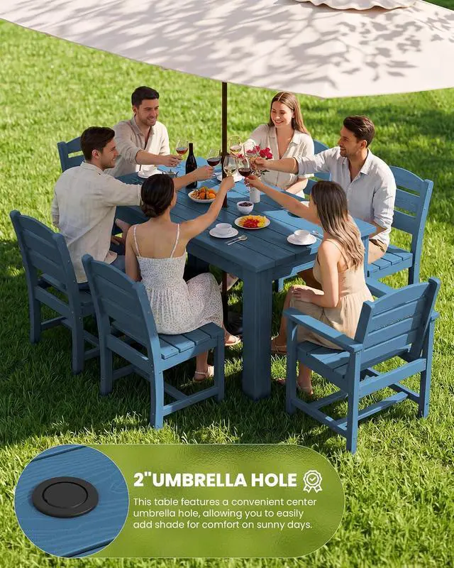 Alt view image 3 of 7 - HDPE Dining Set for 8: 2 Umbrella Hole Tables + 8 Chairs. for Garden, Backyard, Poolside. Blue