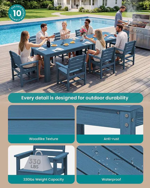 Alt view image 2 of 7 - HDPE Dining Set for 8: 2 Umbrella Hole Tables + 8 Chairs. for Garden, Backyard, Poolside. Blue