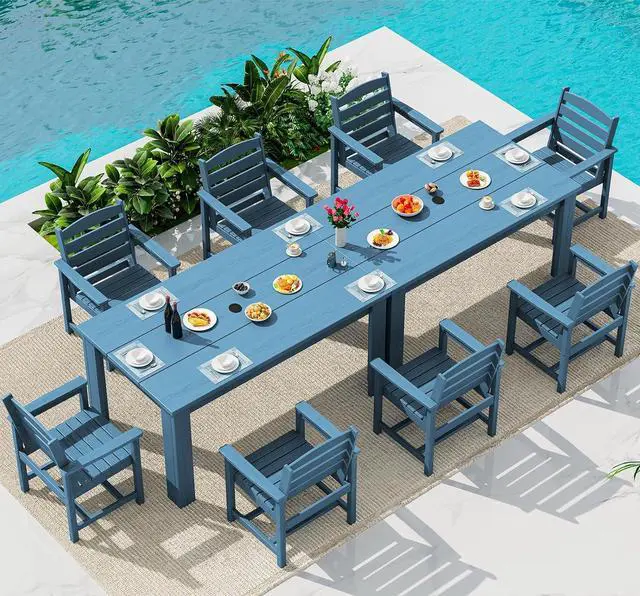 Main image of HDPE Dining Set for 8: 2 Umbrella Hole Tables + 8 Chairs. for Garden, Backyard, Poolside. Blue