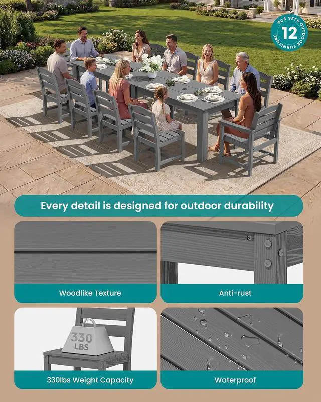 Alt view image 2 of 7 - HDPE Dining Set for 10 2 Tables, 8 Armless + 2 Armchairs. Perfect for Garden, Backyard, Poolside. Gray