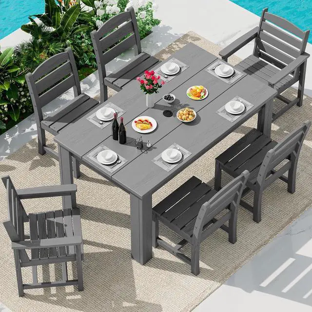 Main image of HDPE Dining Set for 6: 1 Umbrella Hole Table, 4 Armless + 2 Armchairs. for Patio, Garden, Backyard. Gray
