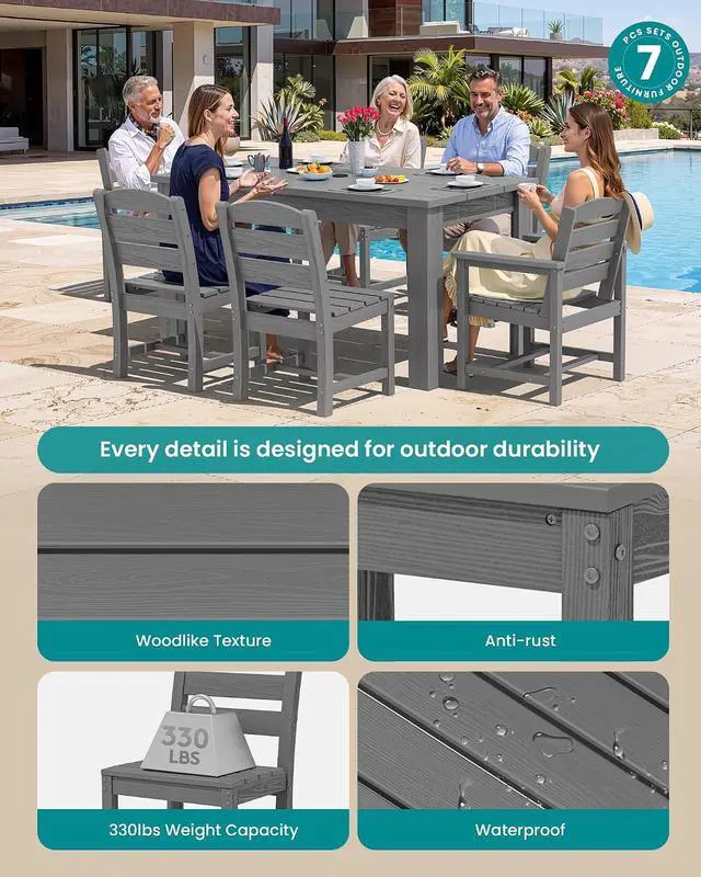Alt view image 2 of 7 - HDPE Dining Set for 6: 1 Umbrella Hole Table, 4 Armless + 2 Armchairs. for Patio, Garden, Backyard. Gray
