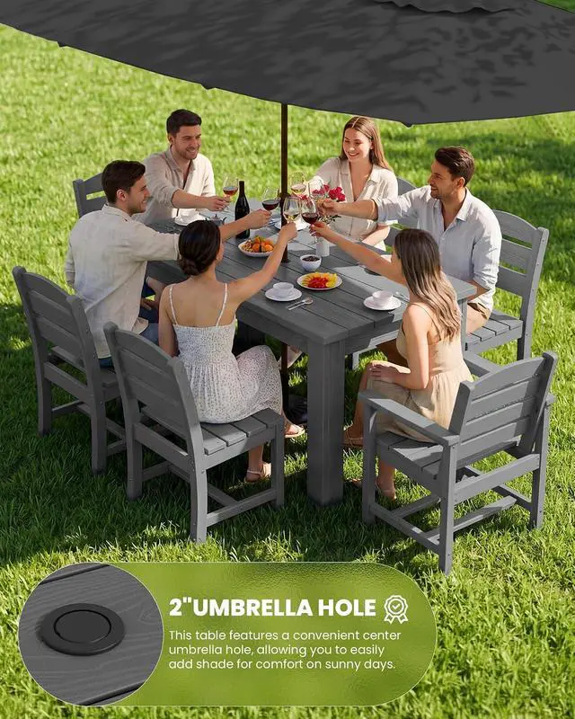 Alt view image 3 of 7 - Outdoor Dining Sets for 4, HDPE Dining Sets for 4 Person with 1 Umbrella Hole Cut-Out Rectangular Table and 4 Armless Chairs, Patio Dining Sets for Garden, Backyard, Poolside, Gray
