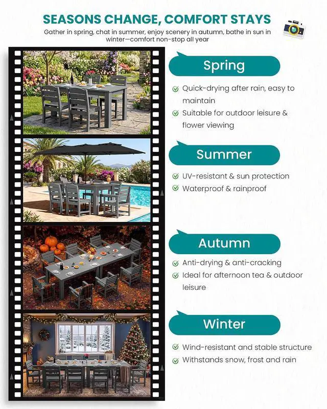 Alt view image 4 of 7 - Outdoor Dining Sets for 4, HDPE Dining Sets for 4 Person with 1 Umbrella Hole Cut-Out Rectangular Table and 4 Armless Chairs, Patio Dining Sets for Garden, Backyard, Poolside, Gray