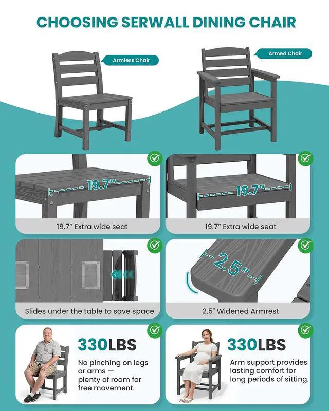 Alt view image 5 of 7 - Outdoor Dining Sets for 4, HDPE Dining Sets for 4 Person with 1 Umbrella Hole Cut-Out Rectangular Table and 4 Armless Chairs, Patio Dining Sets for Garden, Backyard, Poolside, Gray