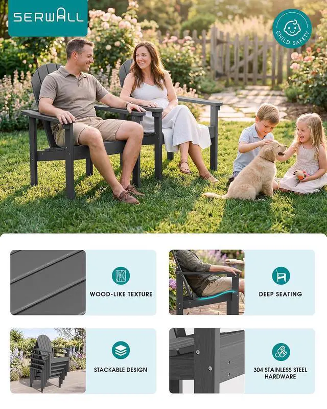 Alt view image 5 of 7 - Stackable Modern Adirondack Chair, HDPE Outdoor Patio Chair with Space-Saving Design, All-Weather Fire Pit Chair with Widened Seat for Deck, Backyard, Garden, Lawn (Grey)